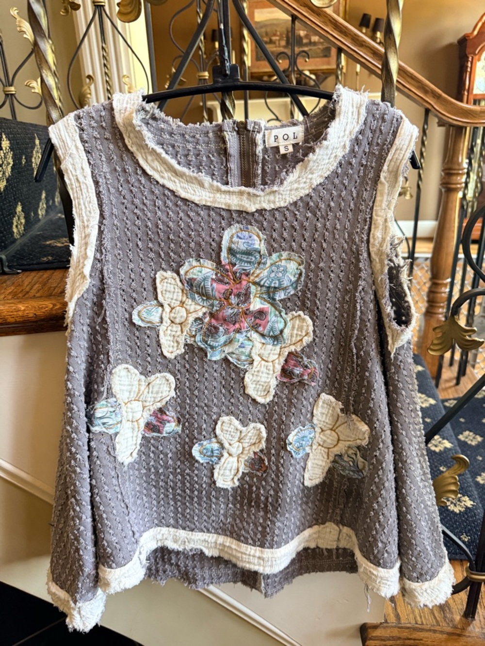 P O L Distressed Summer top. Flare . Size S back zip.  Cute pattern. Cotton EUC